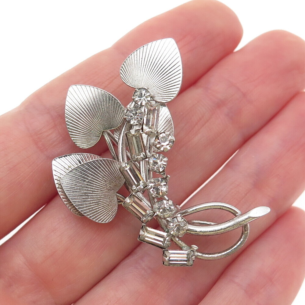 CARL ART 925 Sterling Silver Antique Art Deco Rhinestone Heart Floral Pin Brooch